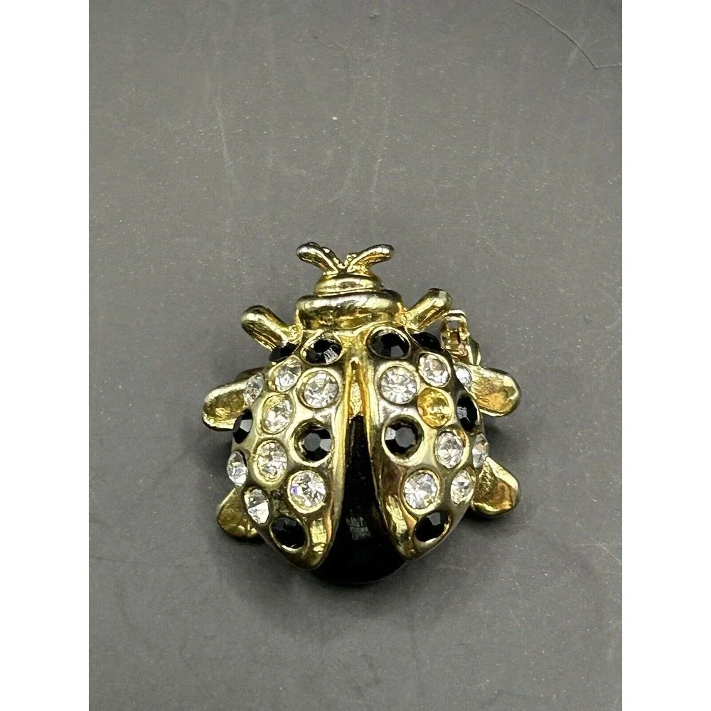 Ladybug Onyx Clear Crystals‎ Black Vintage Gold Color Brooch